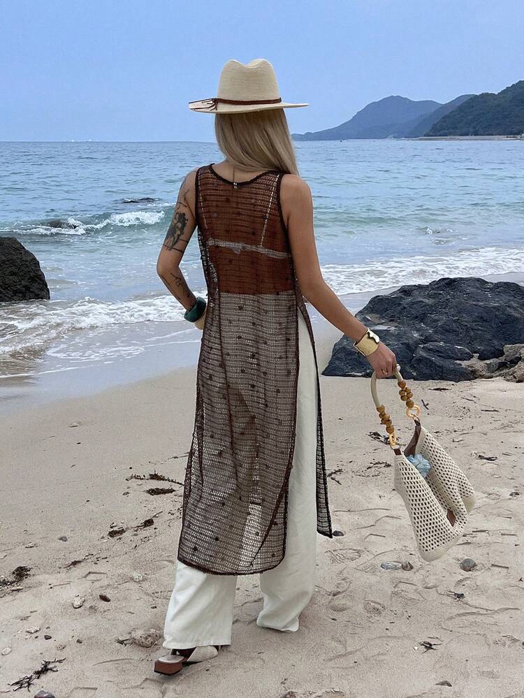 Women's Sleeveless Mesh Hollow Sequin Long Casual Vacation Summer Top
