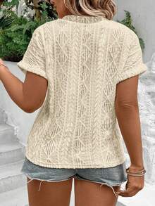 EMERY ROSE Apricot V-Neck Flounce Sleeve Argyle Embroidered Textured Fabric Plus Size T-Shirt - Apricot - View 2