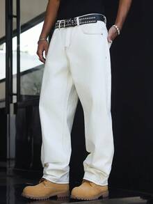 Manfinity EMRG Casual Straight Loose Fit Wide Leg Contrast Stitching Jeans, Spring/Summer - White - View 3