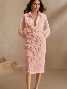 Anewsta 纹理压花提花优雅通勤法式衬衫和中长裙两件套 - 粉色 - 查看 6