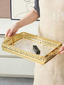 1pc/1set Middle Eastern Style Modern Elegant Large Trays, RectangularDecorative Trays -Multipurpose, Non-Tarnish, Metal Alloy, RectangularServing Trays For Coffee & Beverages, Gold - Gold - View 3