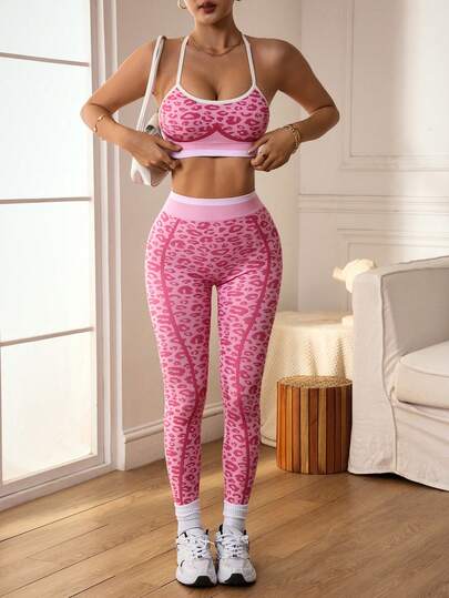 Slayform 1 Set Pink Leopard Print Seamless Women Sports Suit, Backless, Soft & Comfortable Fit, Suitable For Workout, Running, Casual, Yoga