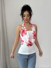 SHEIN Elenzya Áo croptop không tay dây mảnh màu trắng họa tiết hoa mới năm 2026, phong cách retro Mỹ, phù hợp cho mùa hè, áo vest ôm dáng đa năng cho nữ. Áo camisole hở lưng dây mảnh kiểu dáng châu Âu và Mỹ mới năm 2026 với trang trí vòng kim loại, phù hợp cho phụ nữ từ 20-35+ tuổi, mặc thường ngày, đi nghỉ mát, hẹn hò, dự tiệc, ngày Valentine (Họa tiết ngẫu nhiên). - trắng - Xem 3