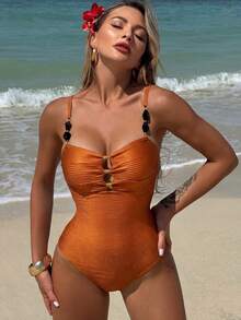 Swim Vcay 1pc Elegant Solid Color One-Piece Swimsuit For Women - Orange - View 3