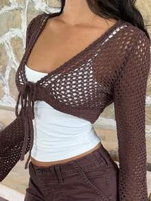 SHEIN EZwear Coffee Brown Long Sleeve Front Tie Cropped Thin Cardigan - Coffee Brown - View 8