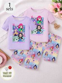 Young Girls 2pcs Pajama Set, Nova Beat Girl Group Printed Knit Tight Fit Round Neck Short Sleeve Top And Shorts, Spring/Autumn - Purple - View 2