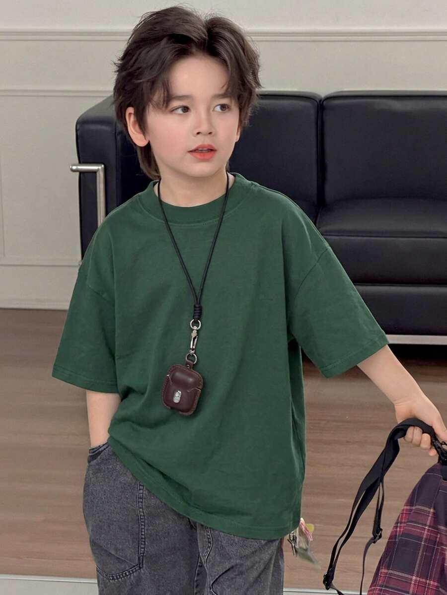 DAZY 男童纯色圆领落肩短袖休闲T恤 夏季 - 綠色 - 查看 1
