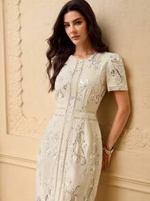 ZEYLAH Pastal SEQUIN RUFFLE HEM DRESS Golf Summer Sexy - Beige - View 7