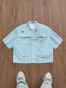 Manfinity Roghcode Áo sơ mi nam tay ngắn kẻ sọc chữ cái, kiểu dáng casual, cài một hàng khuy, dáng ngắn. - Màu xanh nhạt - Xem 5