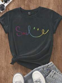 EMERY ROSE Smile Slogan Graphic Round Neck Short Sleeve Plus Size T-Shirt - Dark Grey - View 1