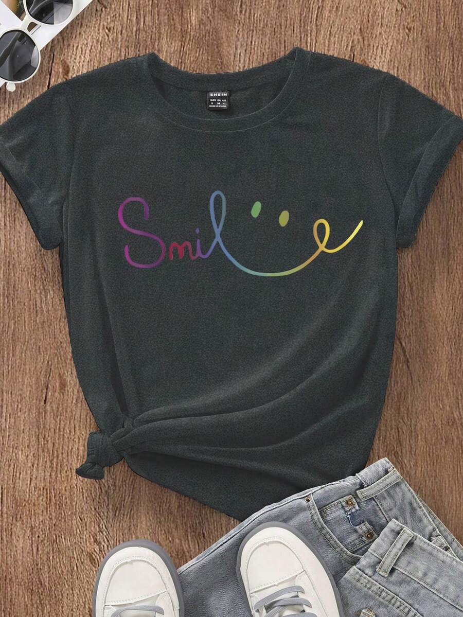 EMERY ROSE Smile Slogan Graphic Round Neck Short Sleeve Plus Size T-Shirt - Dark Grey - View 1