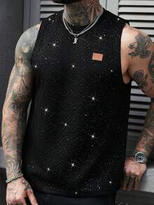 Manfinity Homme Áo thun nam dáng rộng, chất liệu mềm mại, màu trơn, cổ tròn, không tay, với hiệu ứng ánh kim. Thích hợp cho kỳ nghỉ hoặc làm quà tặng cho bạn trai; lý tưởng cho phong cách đường phố thường ngày. - màu đen - Xem 3