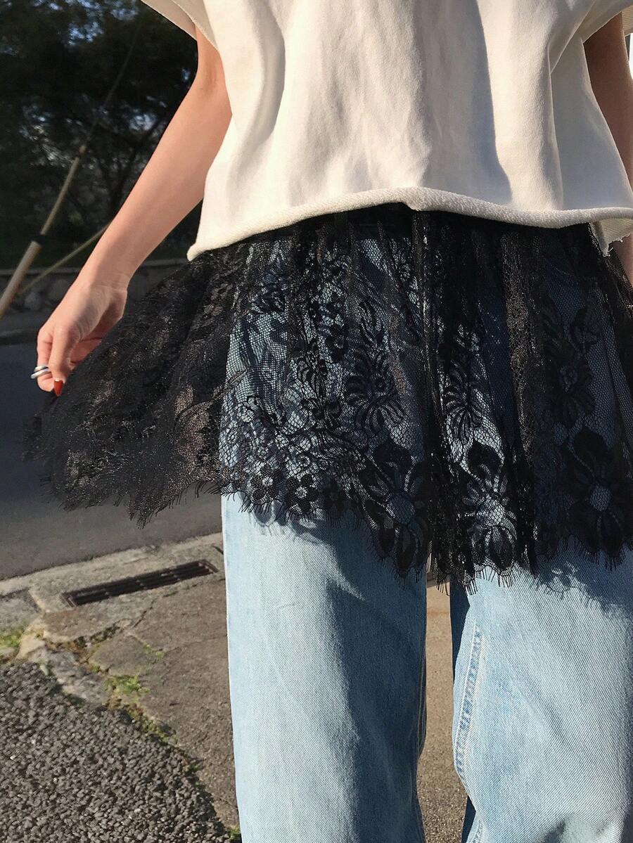 FRIFUL 女士纯色薄纱蕾丝层叠半身裙 - 黑色 - 查看 1