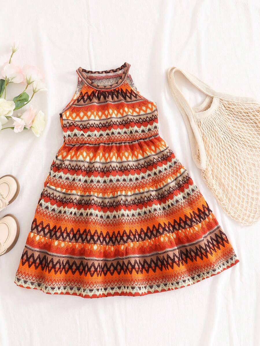 SHEIN Vintaside Kids 1件女童夏季橘色波希米亞風掛脖洋裝,復古紋理提花布料A字版型,海灘度假陽光裙,適合女孩與少女 - 彩色 - 查看 1
