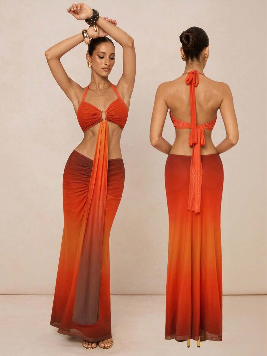 Lumalex 渐变色柔软飘逸网纱V领低腰修身长款连衣裙两件套（女款）