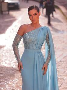 Aureia Elegant Green Chiffon Sequin Patchwork Asymmetric Shoulder Long Sleeve Fishtail Hem Dress, Fashionable Formal Party Wedding Guest Evening Gown - Green - View 3