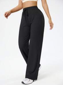 Dewbera Dewbera Pantalon de sport, de yoga et de plein air pour femmes, de couleur unie, taille large avec cordon de serrage, jambes larges, décontracté et simple - Noir - Voir 5