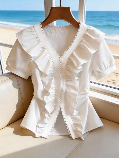 Franclia Women's Fashion Casual Summer Vacation Blouse, Waist Cinched With Slit Hem, Romantic Ruffle V-Neck White Elegant Slit Short Sleeve Shirt, Layered Sculptural Floral Trim Blouse, French Vacation Style, Romantic Date, Suitable For Summer, Dates, Parties, Beach, Graduation, Business Office, Versatile Daily Wear Top White Ruffle Blouse Elegant White Blouse Ruffle Top White Elegant Top Blouse For Women Elegant White Top Ruffle Top Women White Short Sleeve Top Elegant Blouse White Blouse Elegant Elegant Blouses Tops For Women Elegant Work Blouse Women's Tops And Blouses Women's Shirts For Summer Women's Tops Working Blouse Women's Work Tops Blouse For Women Elegant Classy French Style Blouse Blouse For Women Formal Attire S3433 Of Woman Clothes