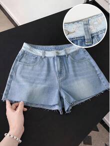 GlowEve Shorts vaqueros casuales de mujer con dobladillo deshilachado y bolsillos - Azul - Ver 1