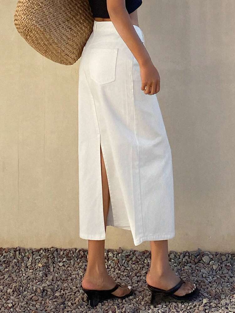 Women's Casual Solid White Straight Denim Skirt, Spring/Summer