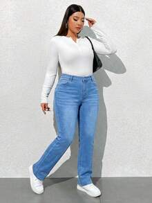 SHEIN ICON 大码女式高腰口袋休闲百搭喇叭裤 - 淺色水洗藍 - 查看 5