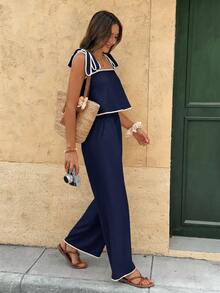 Serisse 两件套女士撞色吊带背心上衣和裤子套装 - 藏蓝色 - 查看 3