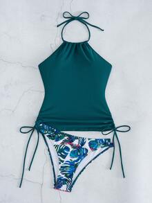 Swim Lushoire 女士纯色抽绳纹理面料吊带露背度假吊带比基尼上衣 - 水鴨藍 - 查看 7