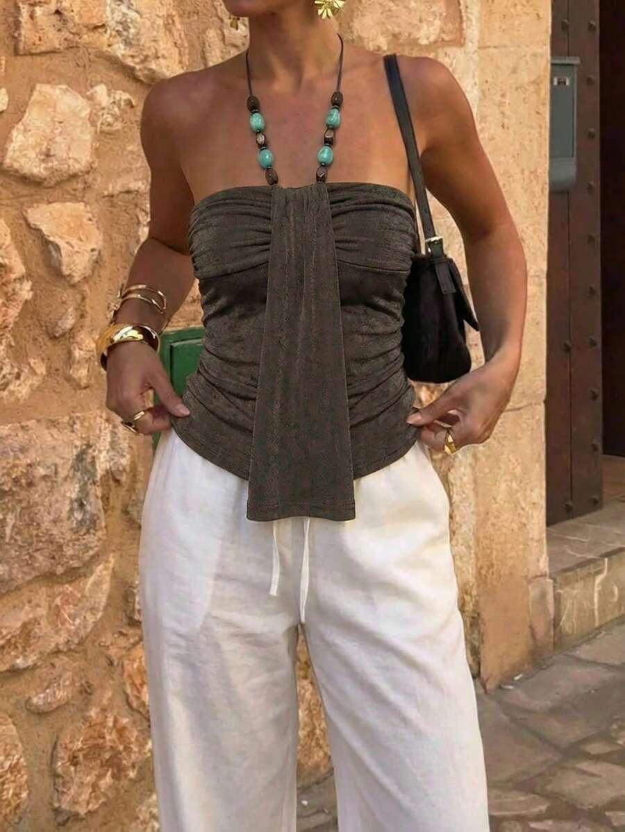 Aloruh Top de tirantes con cuello halter y decoración de cuentas en color marrón para mujer, primavera/verano - Marrón - Ver 1