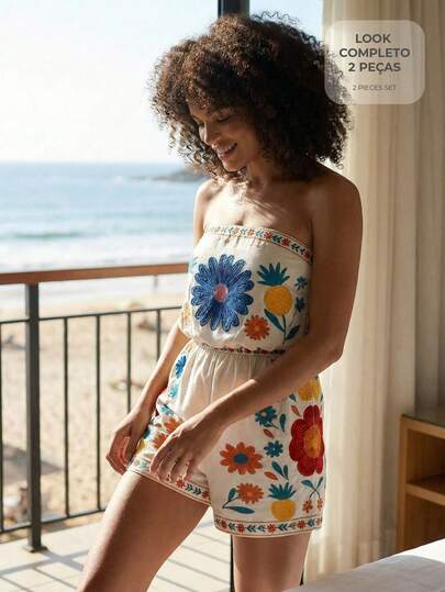 CAJUNI Bộ áo liền quần in hoa dáng rộng thoải mái cho nữ, thích hợp cho kỳ nghỉ.