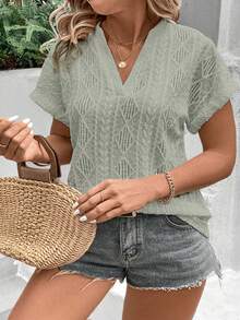 EMERY ROSE Damen Große Größen V-Ausschnitt Jacquard Lässig Vielseitig Alltags Kurzarm T-Shirt - Grün - View 5