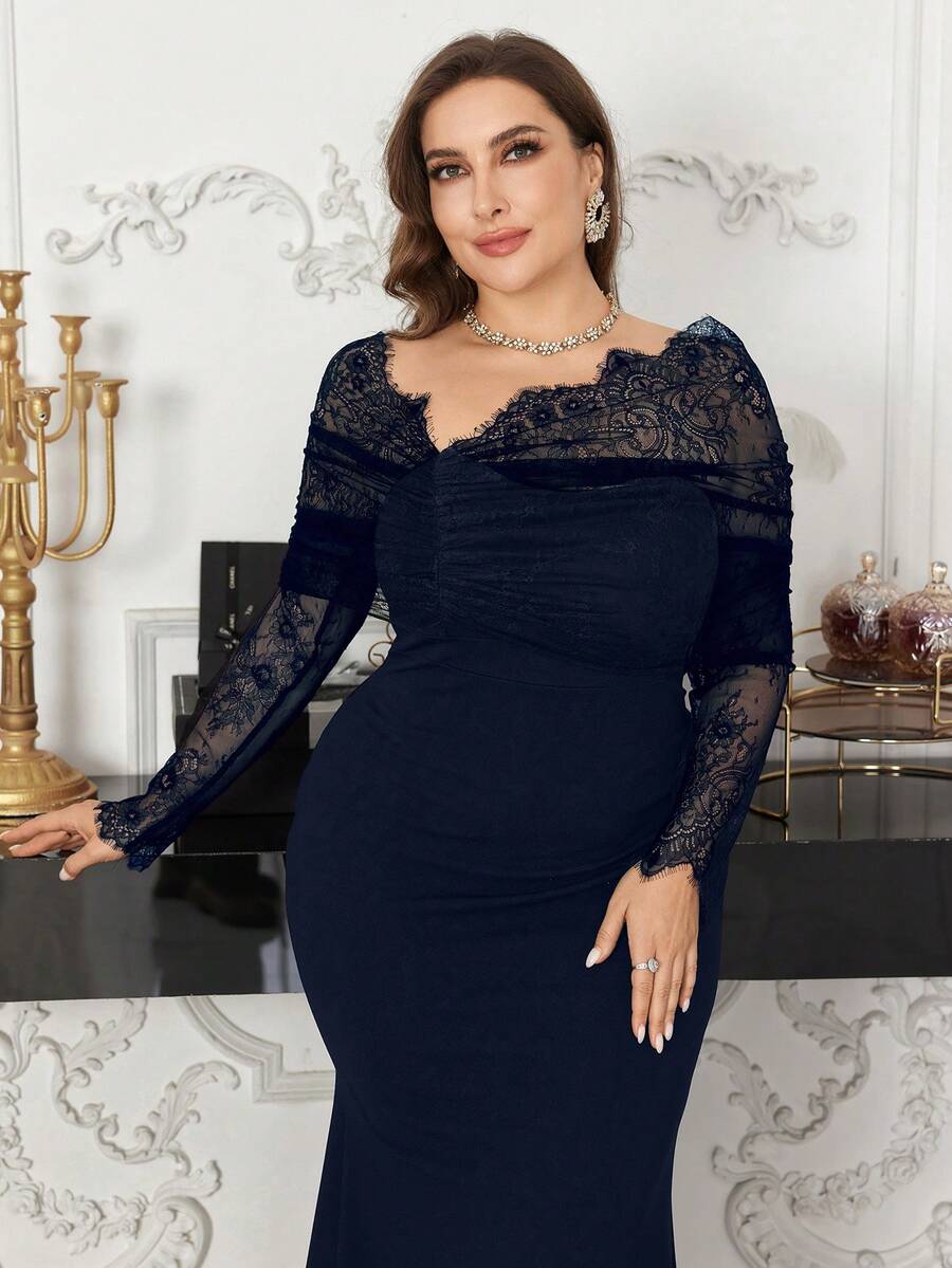 Modelyn Plus Size Women Elegant Lace Patchwork Off-Shoulder Fitted Dress, Spring/Summer Fall - Navy Blue - View 1