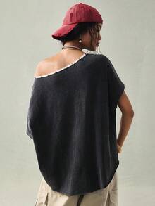 SoleilVie 女士斜肩五角星铆钉设计水洗复古休闲T恤 女士纯棉上衣 女士短袖上衣 女士上衣和衬衫 女士休闲现代夏季上衣 - 黑色 - 查看 2