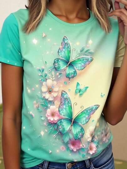 SHEIN Camiseta de manga corta de cuello redondo casual para mujer con estampado de mariposas y flores, para verano