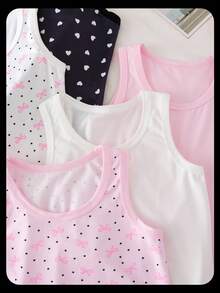 SHEIN 5 件/包女孩蝴蝶和心形印花柔软基本款吊带背心，甜美简约自然风格，多色 - 彩色 - 查看 6