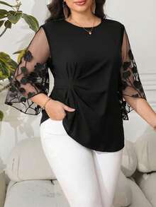 Reflora Plus Size Elegant Commuter Floral Embroidery Mesh Patchwork Blouse Fall - Black - View 1