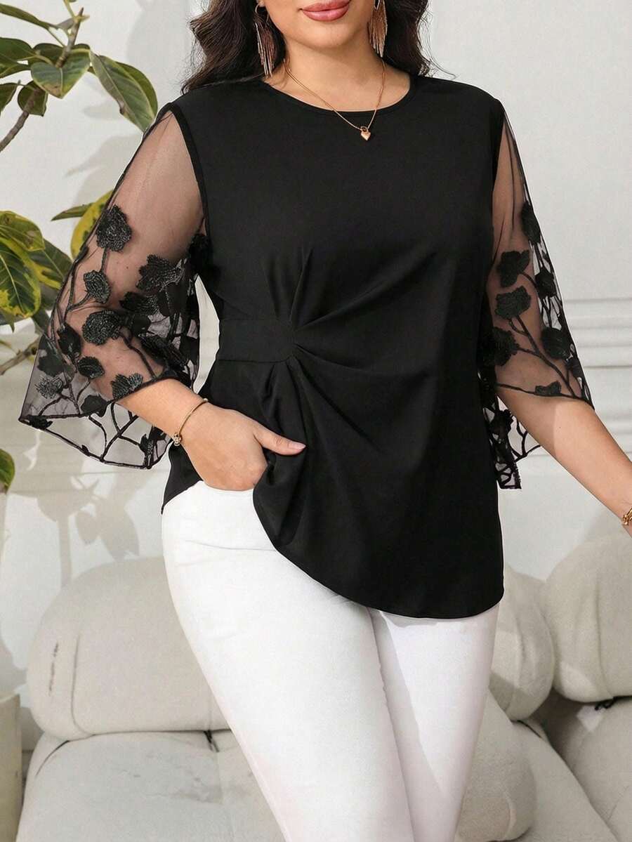 Reflora Plus Size Elegant Commuter Floral Embroidery Mesh Patchwork Blouse Fall - Black - View 1