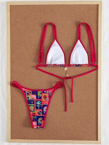 Swim Vcay 2pcs/Set New Random Print & Solid Color Adjustable Strap Sexy Elegant Bikini Swimwear Set, Suitable For Beach, Pool Party, Summer Vacation - Multicolor - View 2