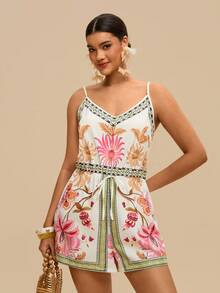 Travachic Bộ jumpsuit nữ cổ chữ V, eo thon, tay ngắn, dáng rộng, họa tiết hoa, thanh lịch, thích hợp mặc hàng ngày, đi nghỉ mát, đi biển, mùa xuân/hè, cỡ lớn. - Nhiều màu - Xem 2
