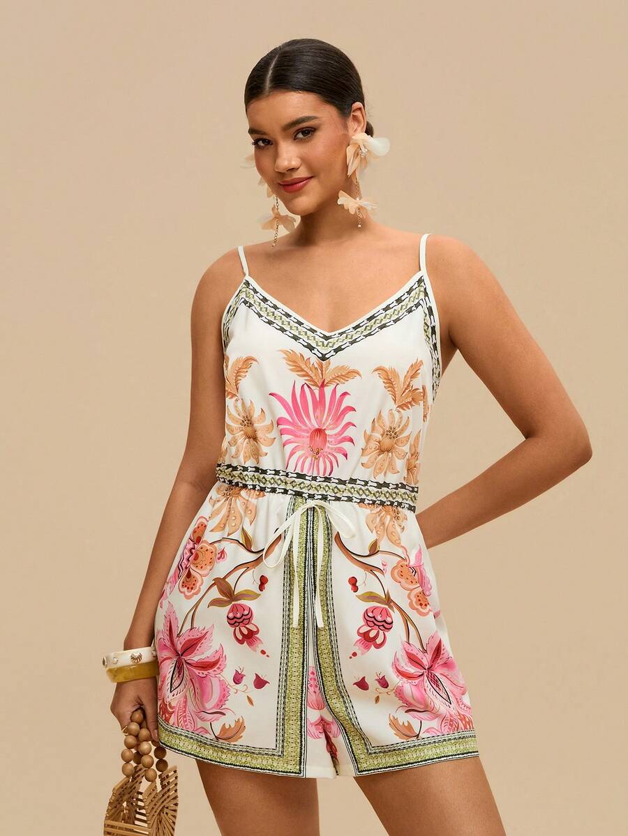 Travachic Bộ jumpsuit nữ cổ chữ V, eo thon, tay ngắn, dáng rộng, họa tiết hoa, thanh lịch, thích hợp mặc hàng ngày, đi nghỉ mát, đi biển, mùa xuân/hè, cỡ lớn.