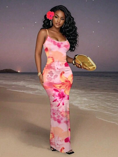 Slaydiva 春夏新款吊带连衣裙/女士优雅连衣裙/婚礼宾客连衣裙/女士度假装/外出装/女士高雅装扮/碎花图案休闲简约无袖连衣裙