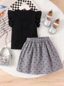 Elladie kids 2pcs/Set Toddler Girls' Black Jacquard Knit Round Neck Flare Sleeve T-Shirt With Gray Bow Decor And Gray Woven Elastic Waist Skirt, Suitable For Spring/Summer Daily, Outdoor, Travel, Party Dresses For Girls Kids Clothes Girl Girl Outfit Cute Girl Clothes Girl Clothes Girl Dress With Bow Cute Outfits For Girls 7 Years Old Girl Outfit Kids Clothes For Girl 7 Years Old Girl Outfit Dress Girls Skirts Girls Dresses Kids Dresses Casual Girl Bow Dress Squishy Summer Outfits - Black - View 2