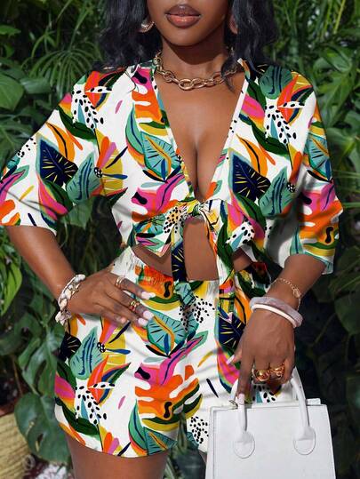 Slaydiva Combinaison ample à manches 3/4 avec décolleté ajouré et nœud devant, pour les vacances