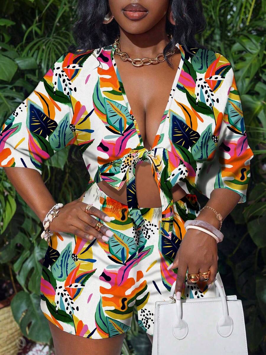 Slaydiva Vacation White Front Tie Hollow Out 3/4 Sleeve Loose Jumpsuit - Multicolor - View 1