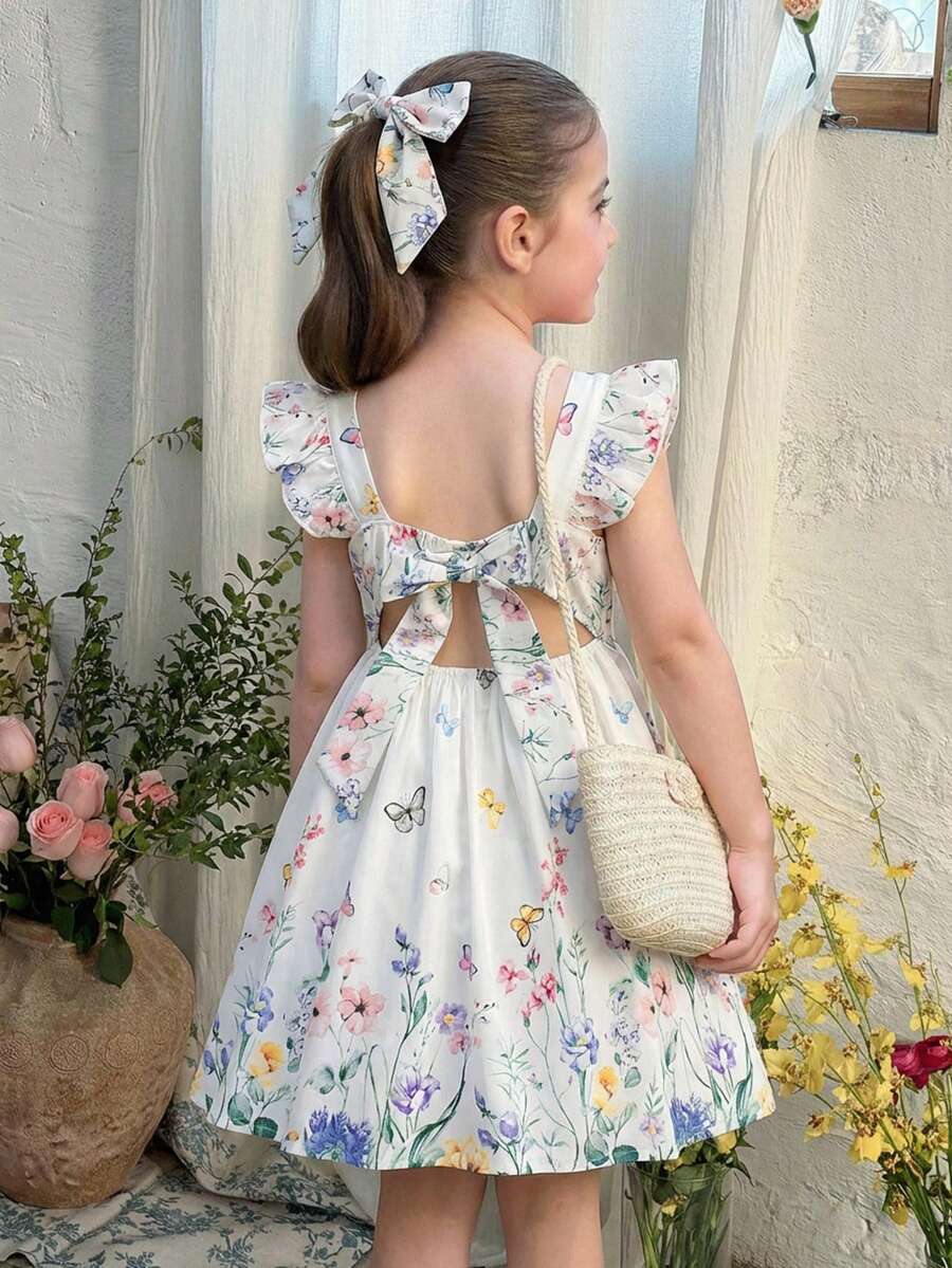 SHEIN 白色夏季仙女 7 歲生日禮服,小女孩花卉與蝴蝶印花方領後背蝴蝶結裝飾休閒甜美公主派對洋裝 - 彩色 - 查看 1
