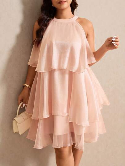 Elaquor Plus Size Elegant Solid Color Halter Neck Dress, Summer Woman Dress Wow Dress Women's Talk Dress