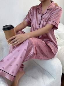 Napfluff 心形饰边仿丝绸翻领短袖睡衣套装 - 粉色 - 查看 6
