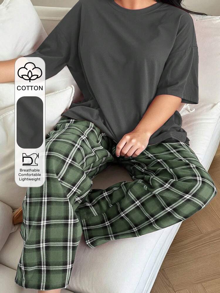 Dazy Plus Round Neck Loose Fit Pajama Set - Plaid Pants