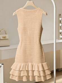 Franclia Đầm ngắn dệt kim không tay cổ tròn dáng suông dành cho nữ, màu be, thích hợp cho mùa xuân và mùa hè. - Màu be - Xem 2