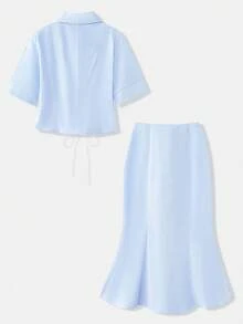 NYA SZN Bộ đồ gồm chân váy maxi và áo tay ngắn buộc dây. - Màu xanh lam - Xem 9
