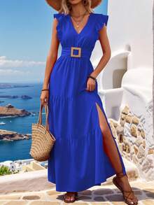 Wandoria Ladies" Summer Holiday Solid Color Ruffle High Split Long Dress Vacation Beach Outfits Women - Royal Blue - View 3